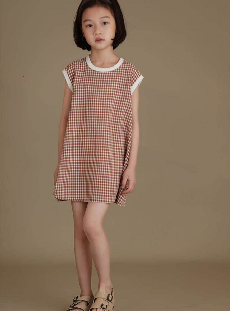 日系撞色領格子無袖背連身裙洋裝