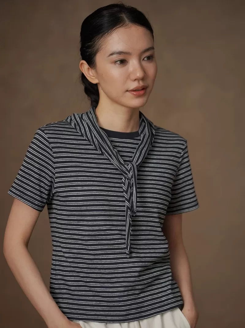 經典海魂條紋領巾短袖高支長絨棉軟糯圓領寬鬆T恤上衣女