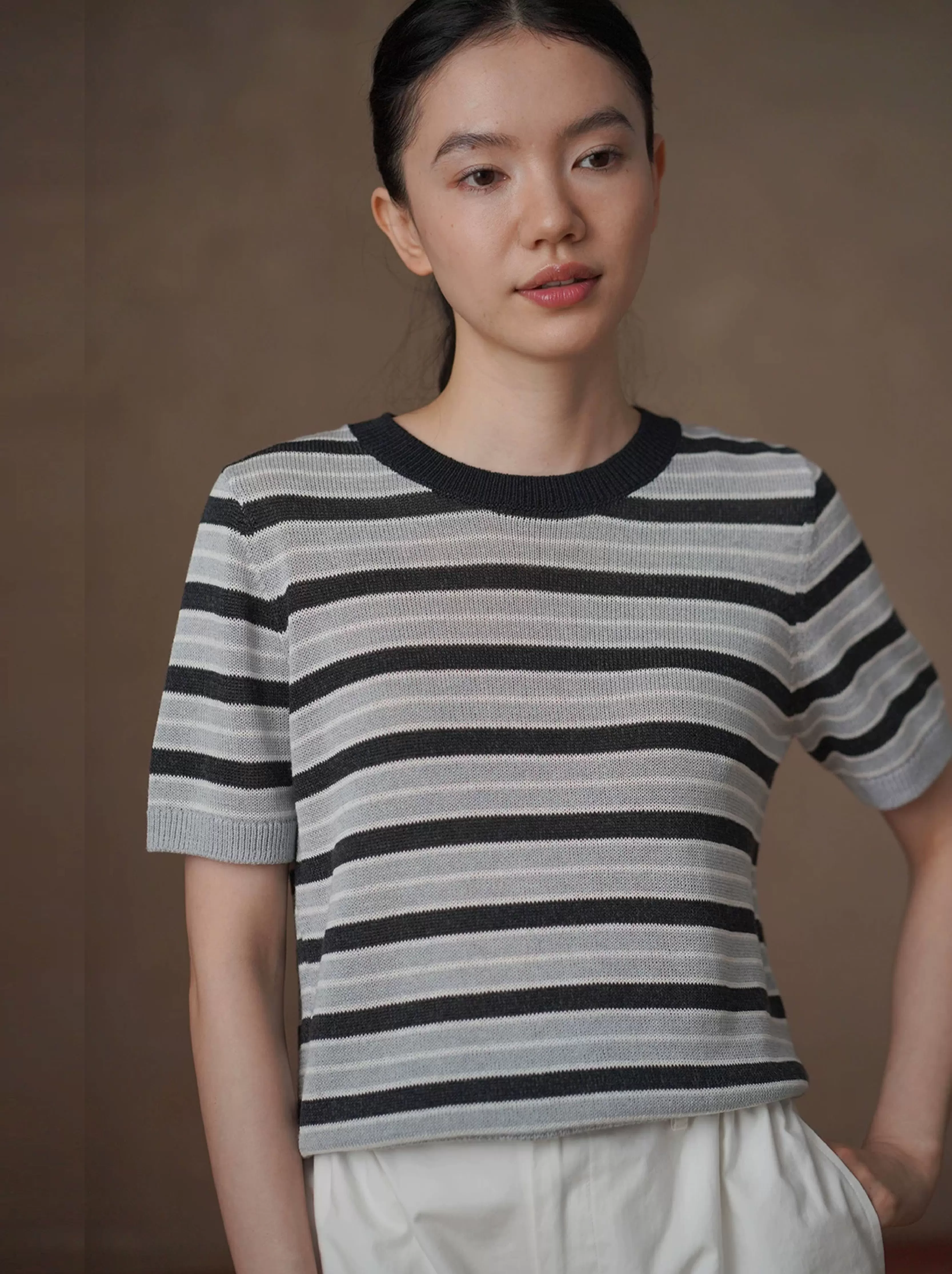 藍調條紋漸層撞色針織乾爽透氣薄款寬鬆圓領短袖上衣女
