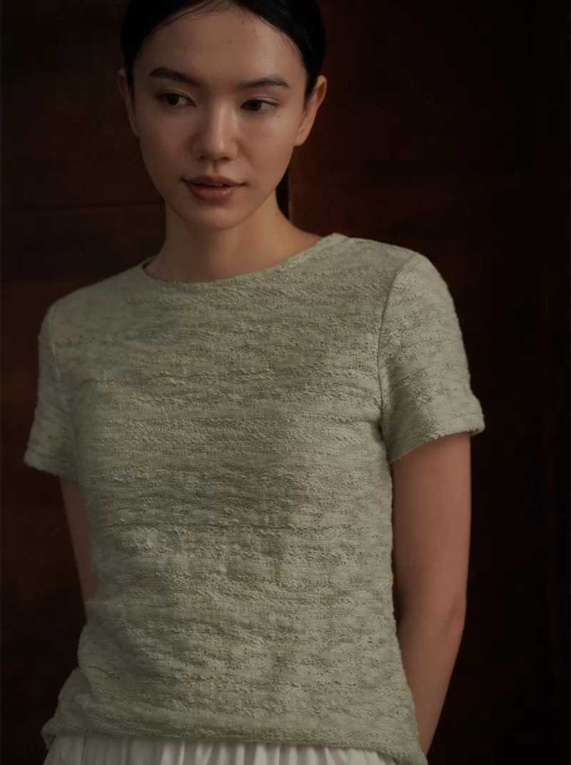 薄荷貝貝清新特殊肌理圓領短袖上衣基本款合身顯瘦T恤女