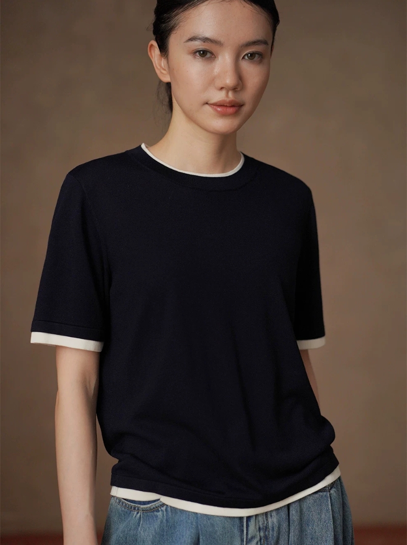 經典撞色透氣爽感100萊賽爾16針工藝圓領寬鬆短袖針織女
