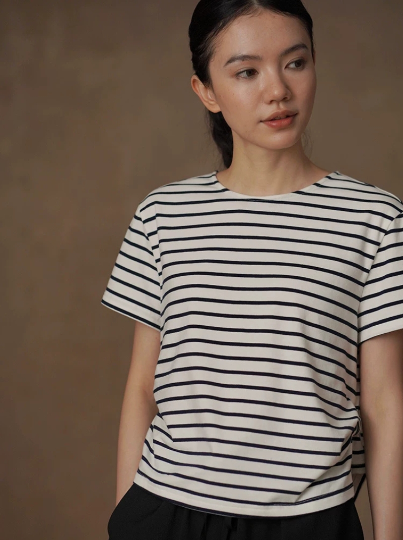 心選條紋T恤收腰紐結設計圓領基本款顯瘦百搭短袖上衣女