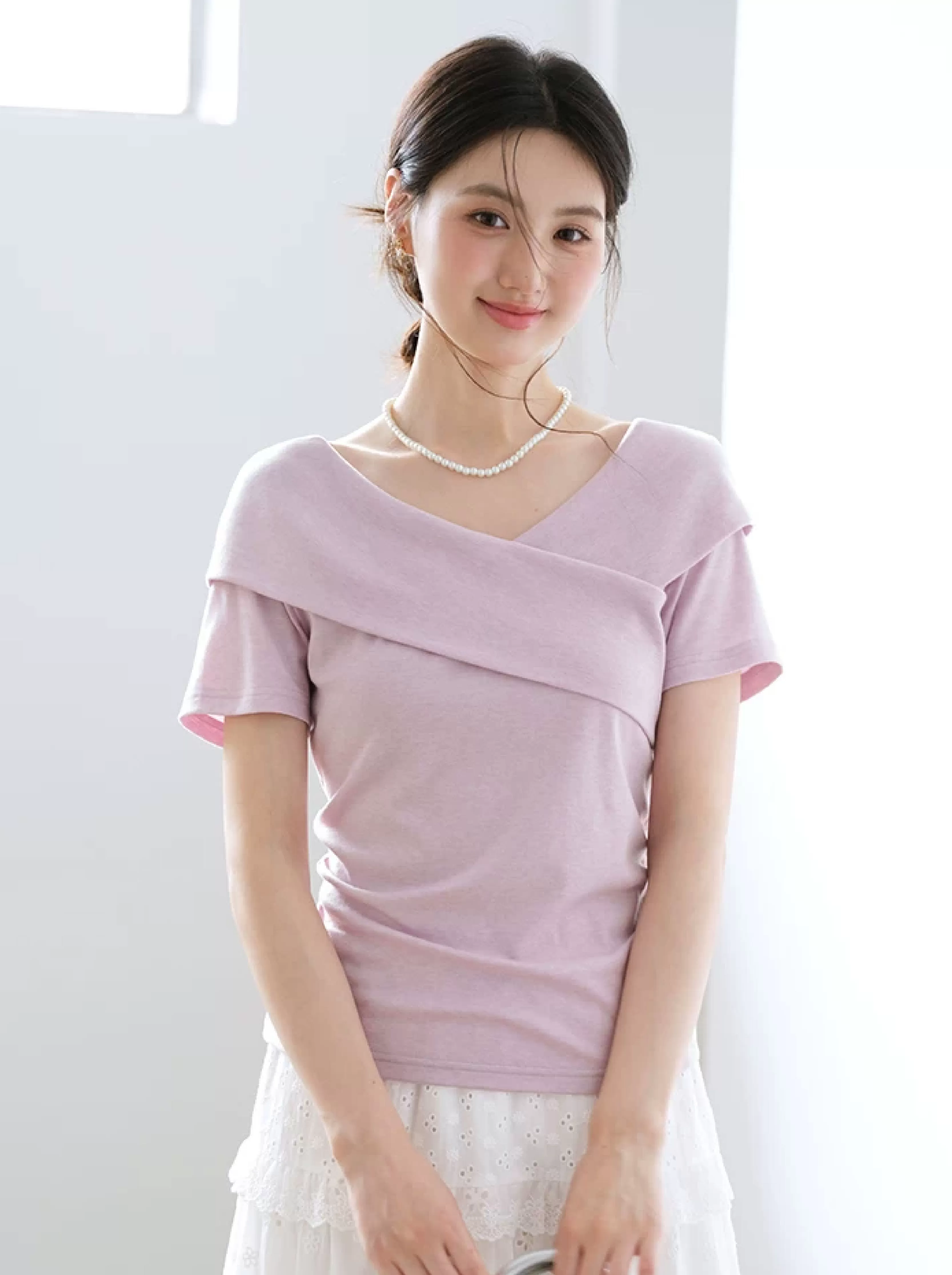 大尺碼法式氣質紫色T恤女2026新款夏季短袖高級感交叉V領上衣