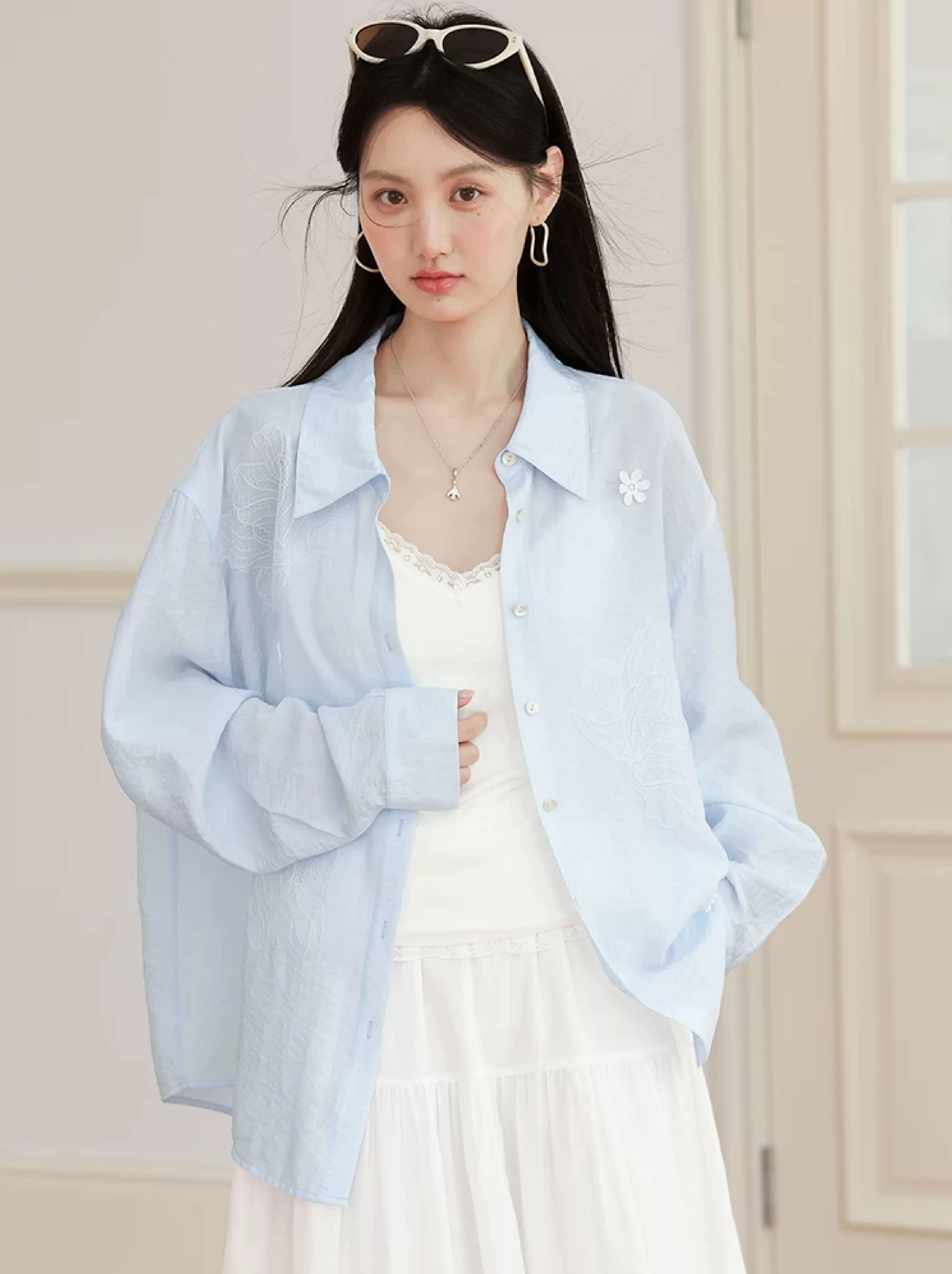 大尺碼胖胖襯衫外套女長袖薄款防曬衣女2026新款蕾絲花朵上衣