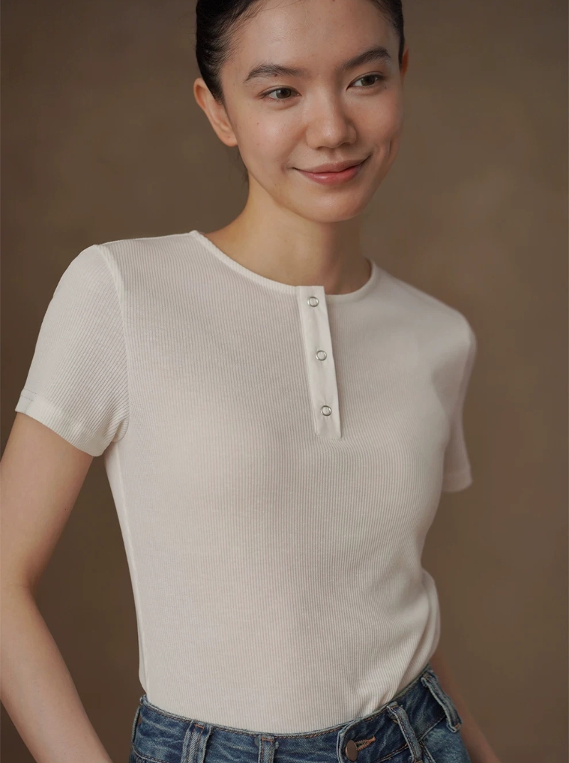 韓女亨利領T恤萊賽爾漢麻棉混紡合身顯瘦通勤短袖上衣女