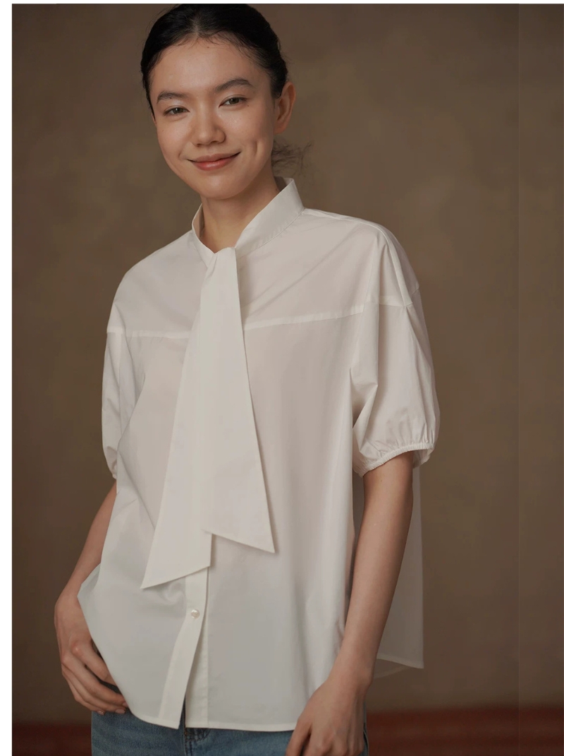 韓女日常繫帶立領襯衫寬鬆顯瘦短袖挺括高支棉通勤上衣