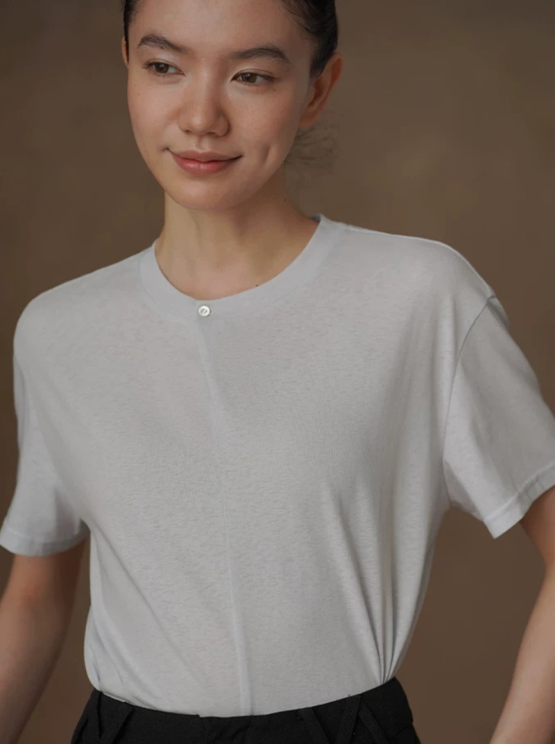 清透氣質藍上衣圓領斜門襟設計寬鬆顯瘦短袖亞麻棉T恤女