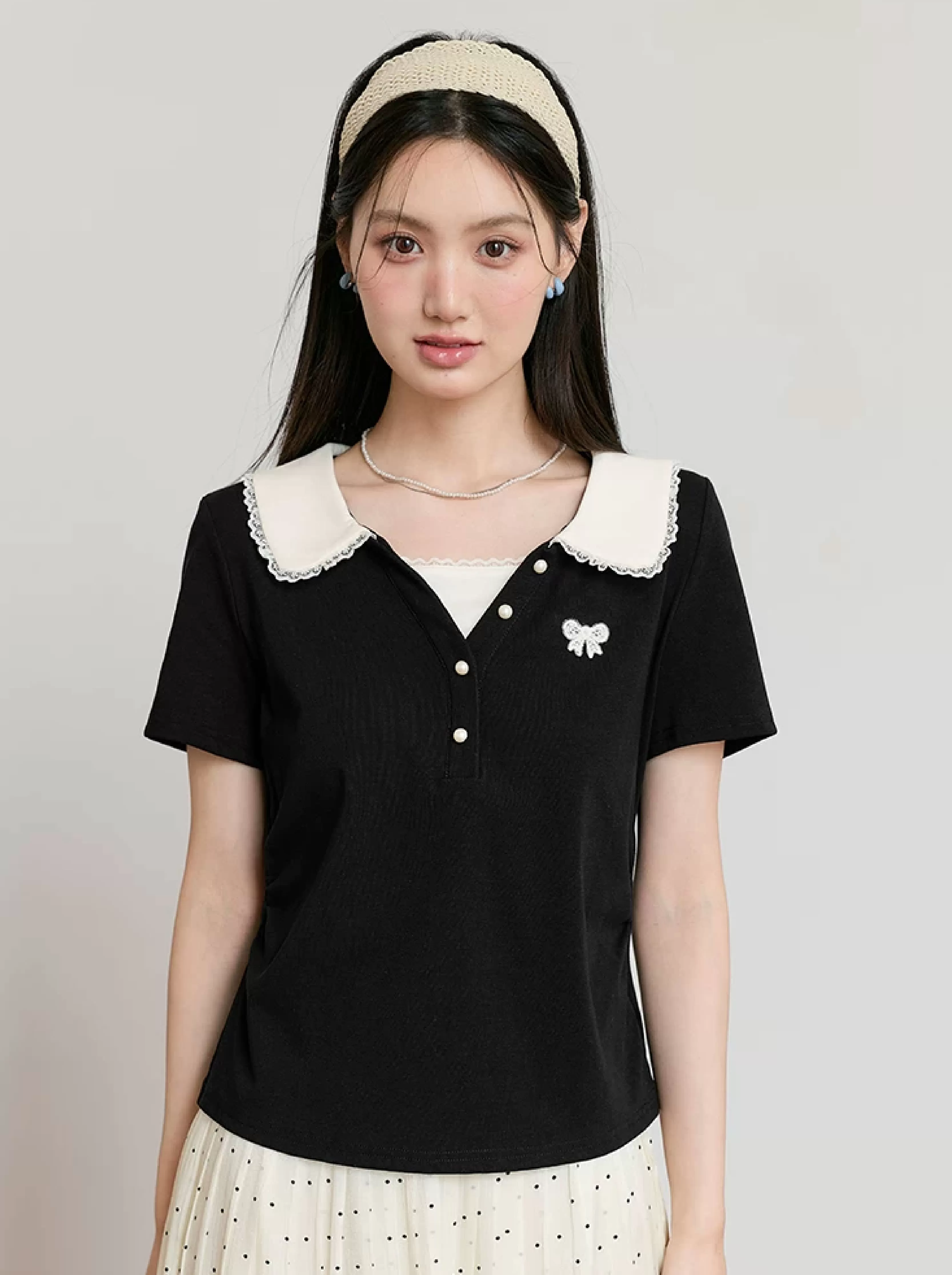 大尺碼女裝黑色短袖T恤女2026新款夏季減齡假兩件娃娃領上衣