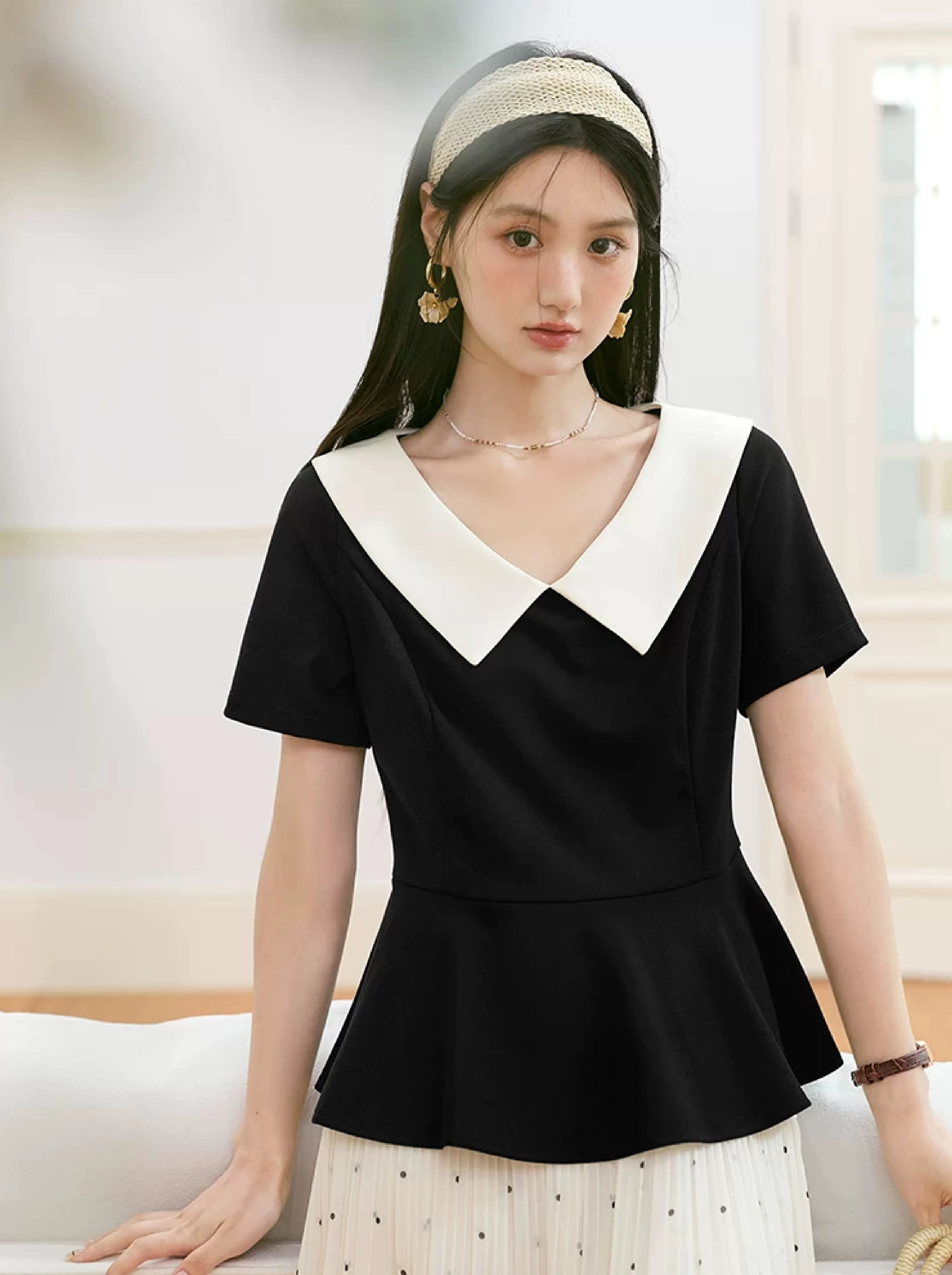 大尺碼娃娃領短袖T恤女2026新款小衫夏季漂亮掐腰荷葉邊上衣