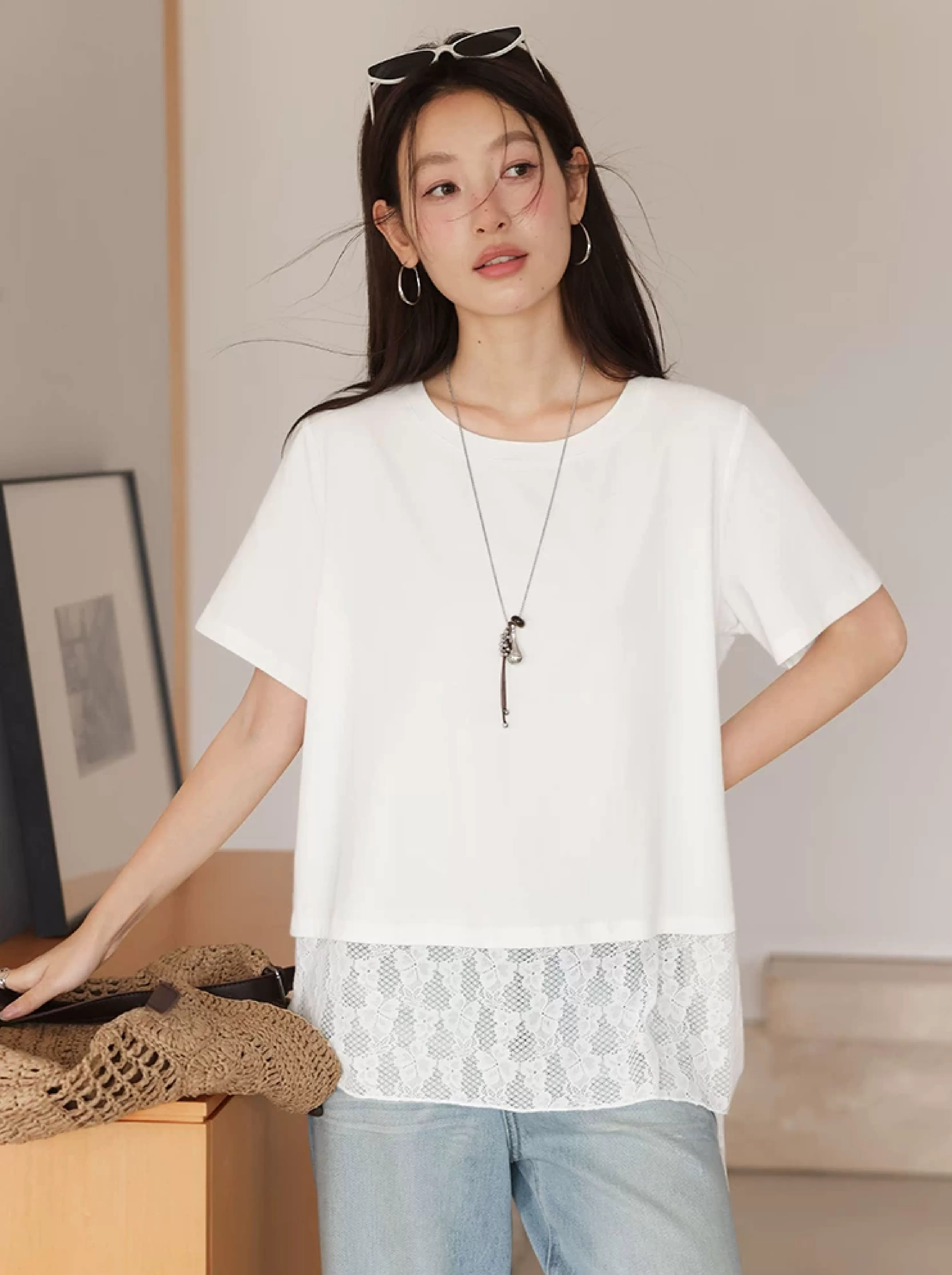 大尺碼胖mm寬鬆白色短袖T恤女2026新款夏季蕾絲拼接綁帶上衣