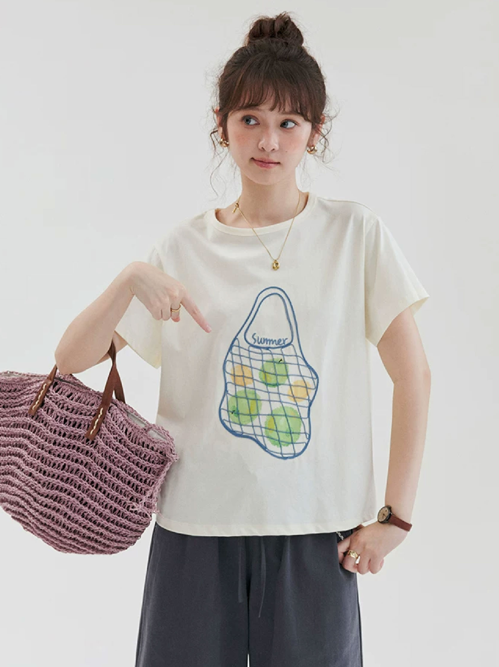 夏日水果印花短袖T恤女夏新款韓系寬鬆圓領上衣