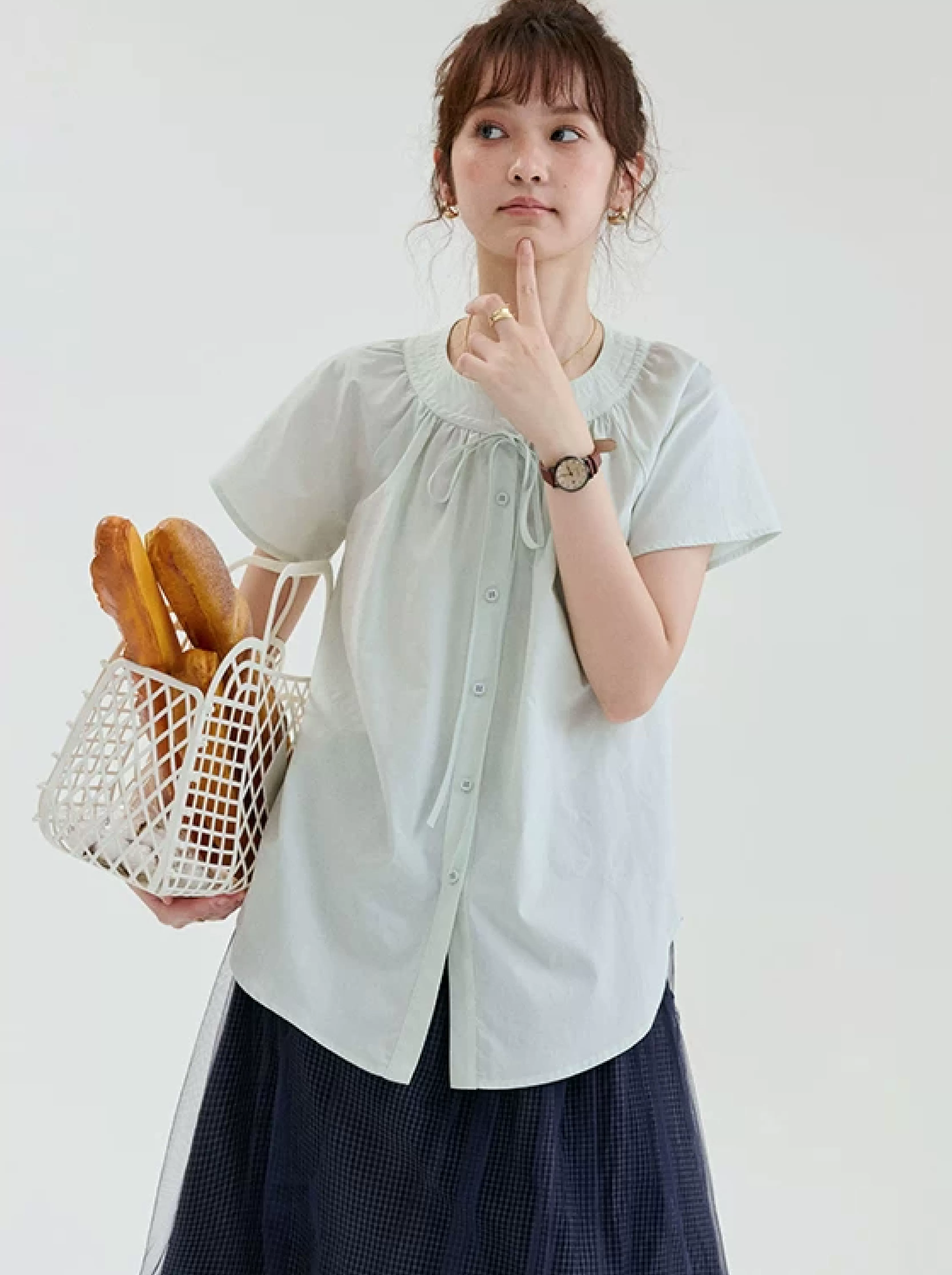 法式繫帶純棉單排扣襯衫女夏新款中長款短袖上衣