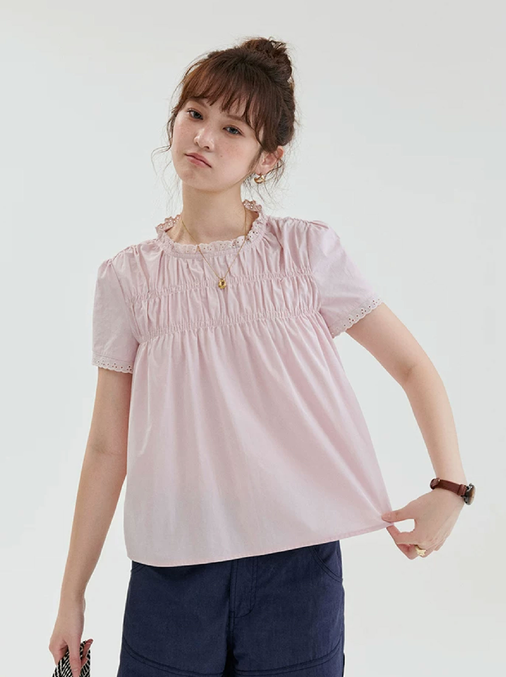 粉紅色花邊圓領打襯衫女夏新款甜美純棉短袖上衣