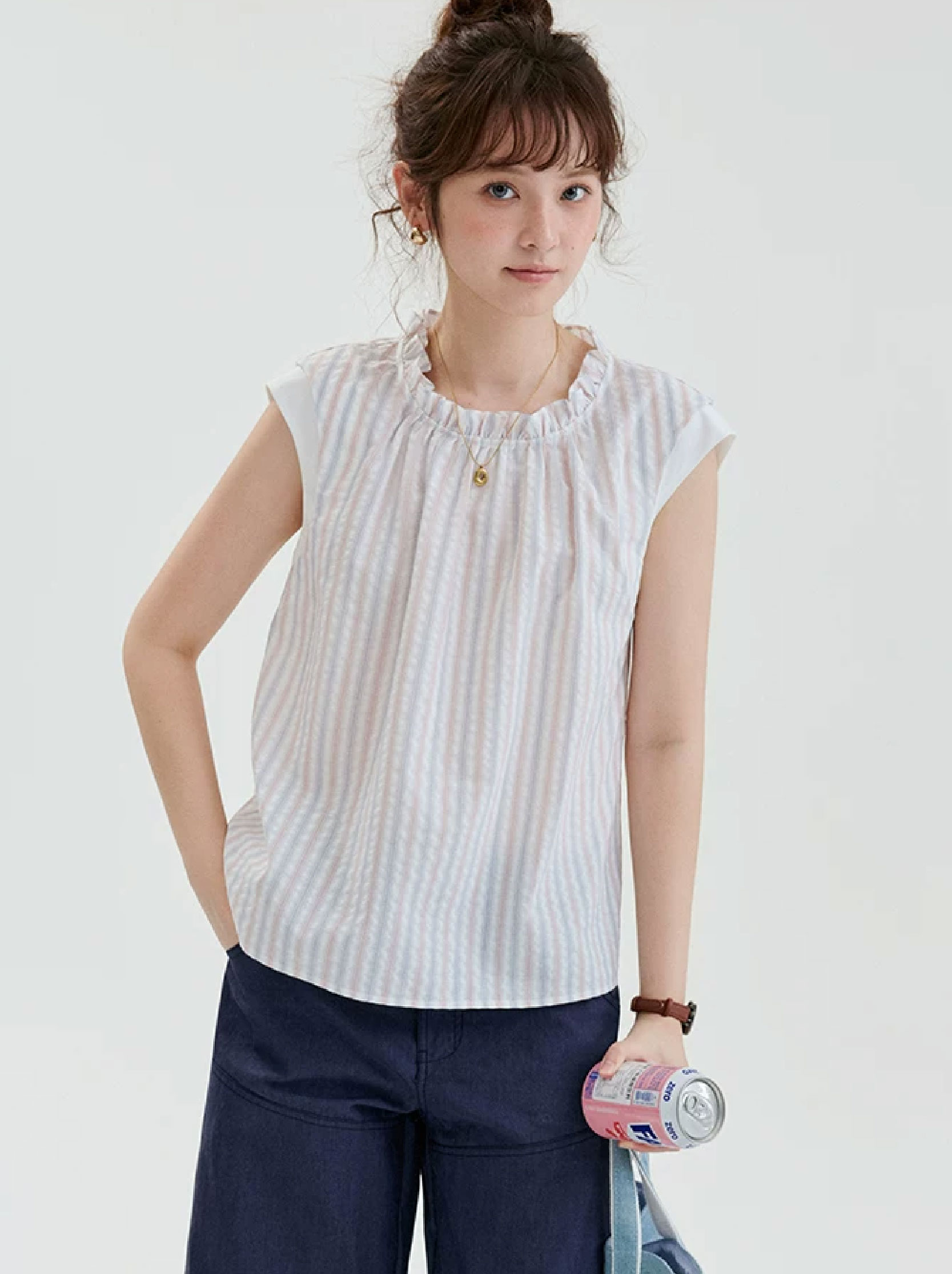 撞色條紋拼接袖口背心襯衫女夏季新款蕾絲領上衣