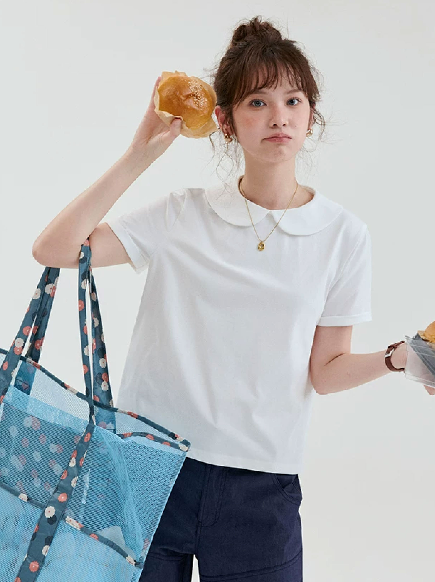 日系純色娃娃領短袖T恤女夏季新款通勤減齡上衣