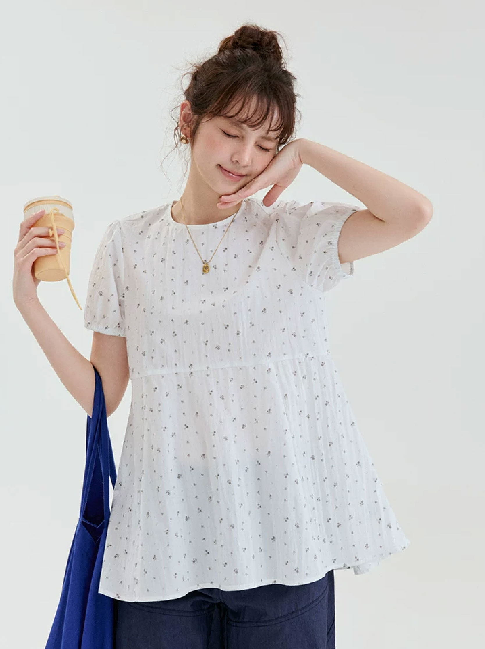 溫柔碎花收腰短袖襯衫女26夏季新款甜美百搭上衣
