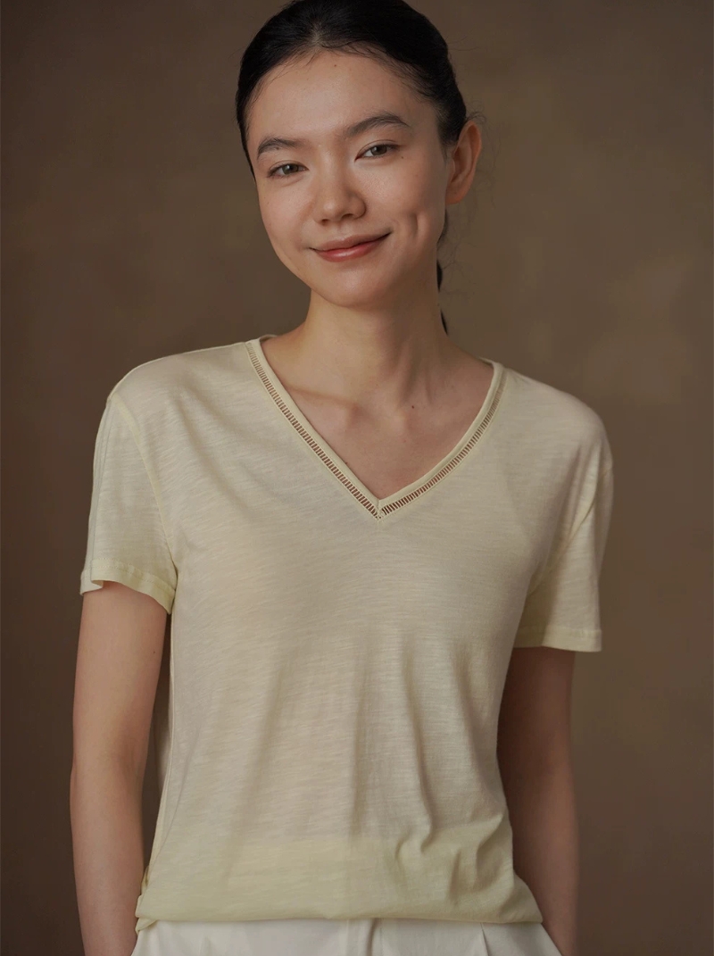 自然微風系列T恤竹節肌理棉寬鬆短袖花邊V領顯瘦上衣女