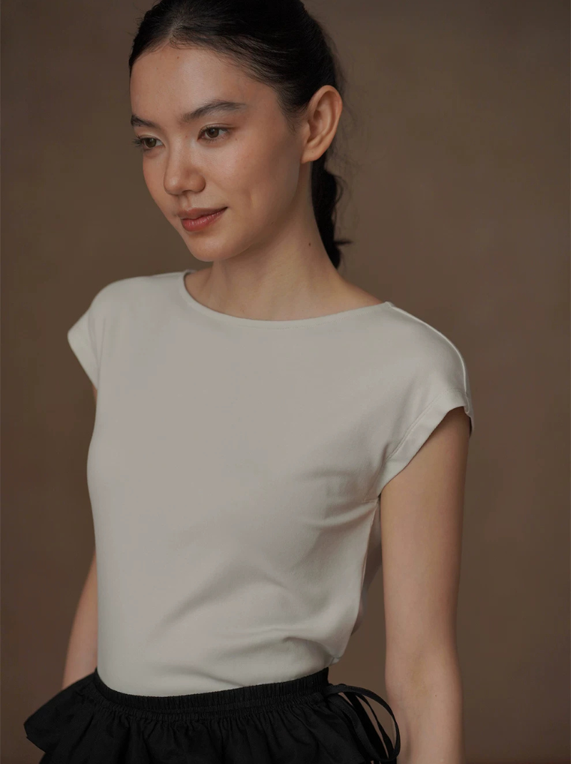 實用主義柔軟彈性莫代爾棉船領連肩袖顯瘦通勤合身T恤女