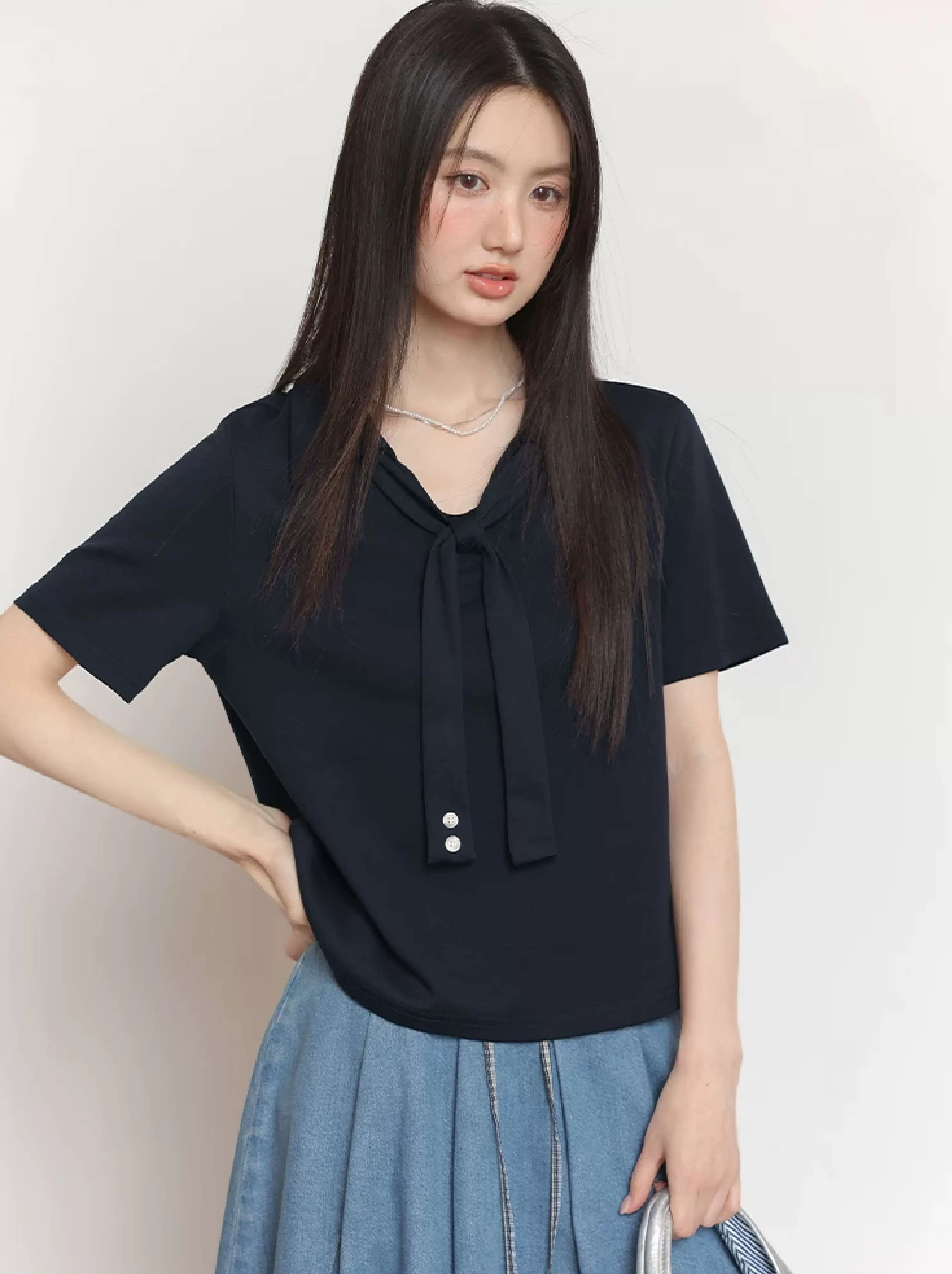 胖mm大尺碼女裝短袖T恤2026全新減齡夏裝綁帶翻領藏青色上衣