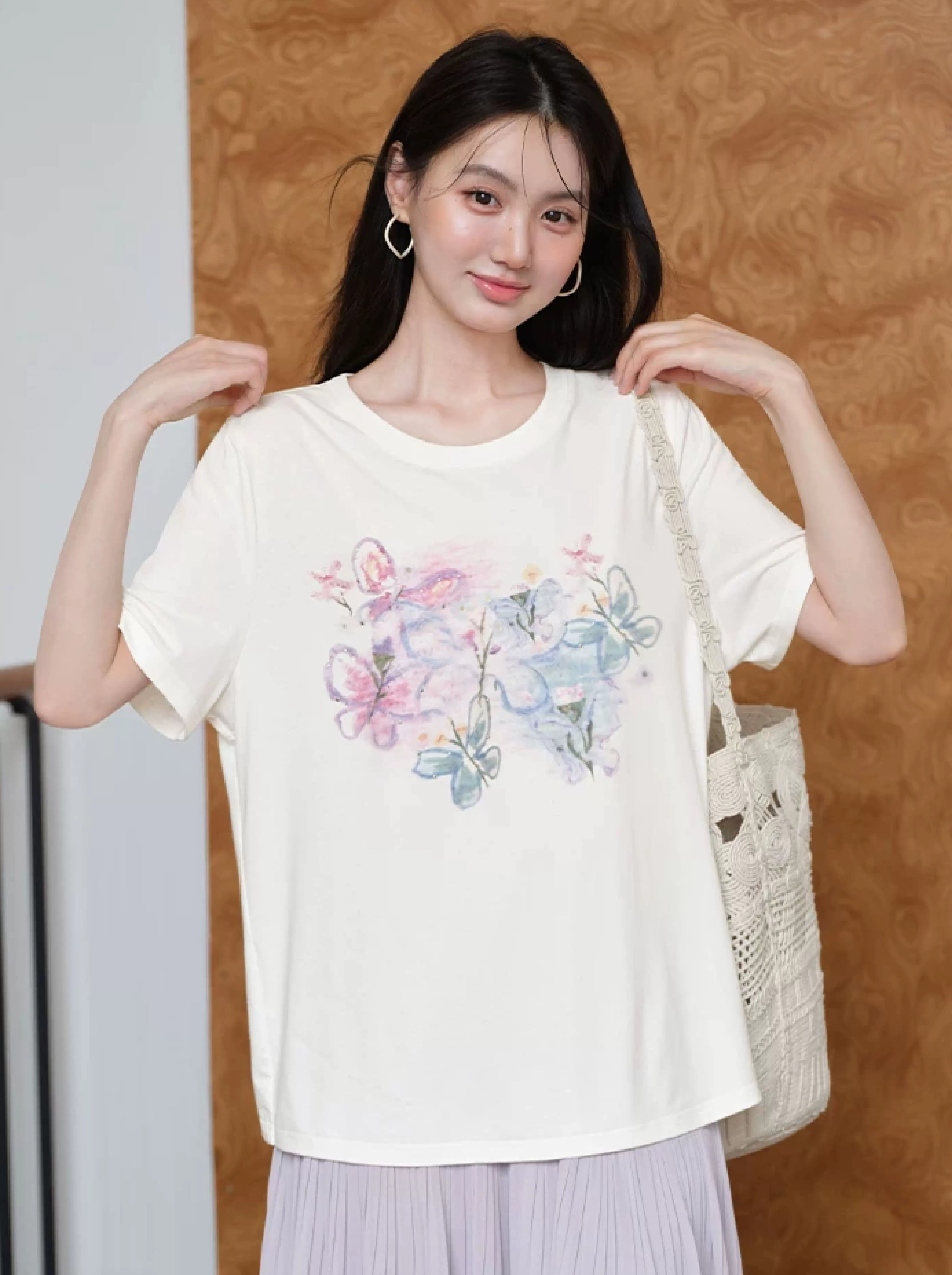 大尺寸胖mm夏裝蝴蝶印花白色短袖T恤女2026新款寬鬆正肩上衣