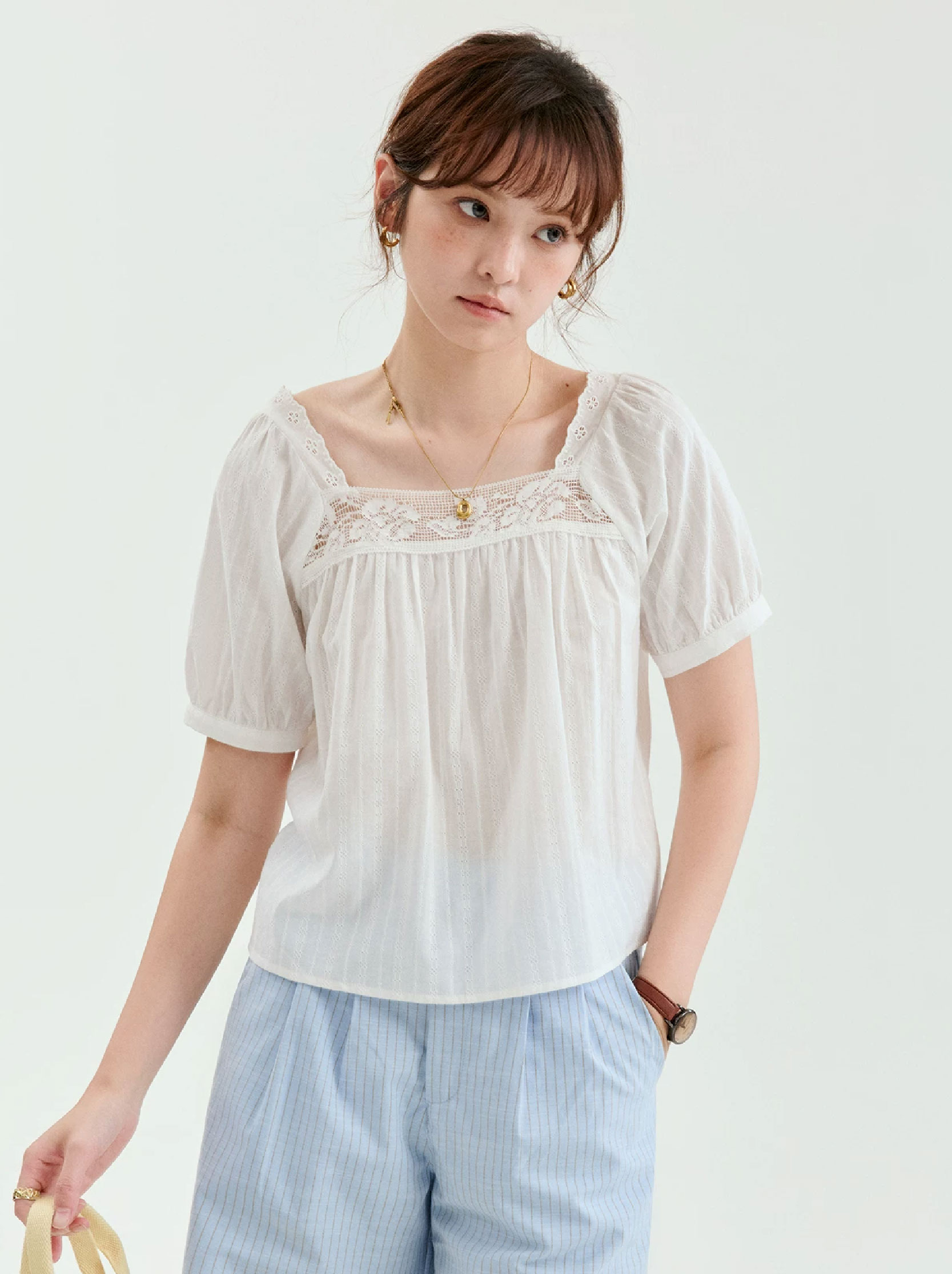 法式白色蕾絲方領純棉襯衫女夏季新款插肩袖上衣