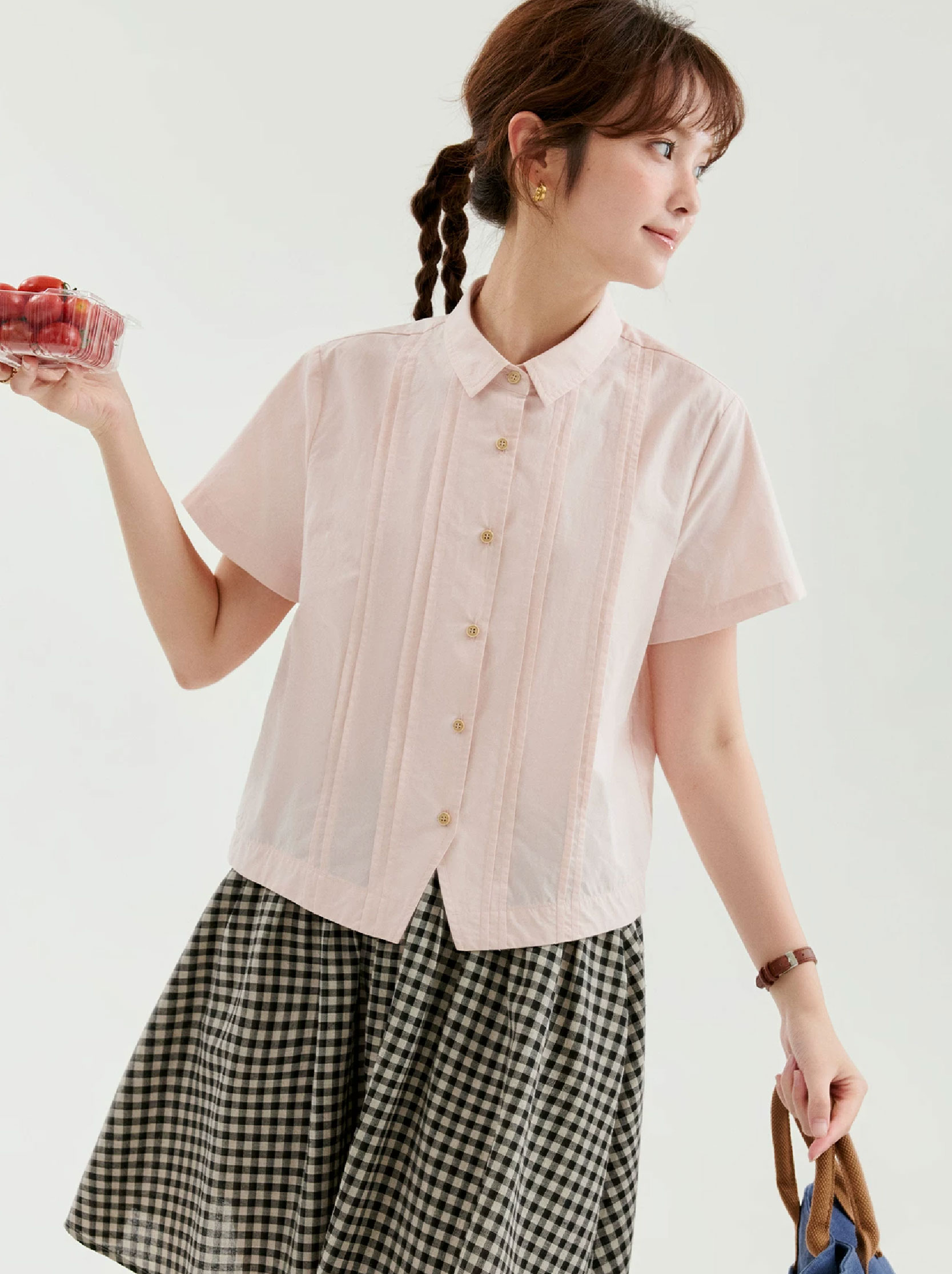 粉紅壓褶小開叉純棉襯衫女夏季新款翻領短袖上衣