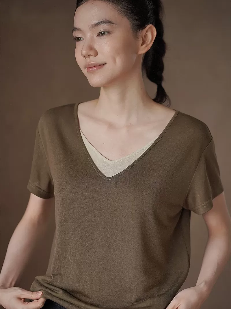 清幽羅松竹節肌理疊穿假兩件V領寬鬆顯瘦通勤短袖T恤女