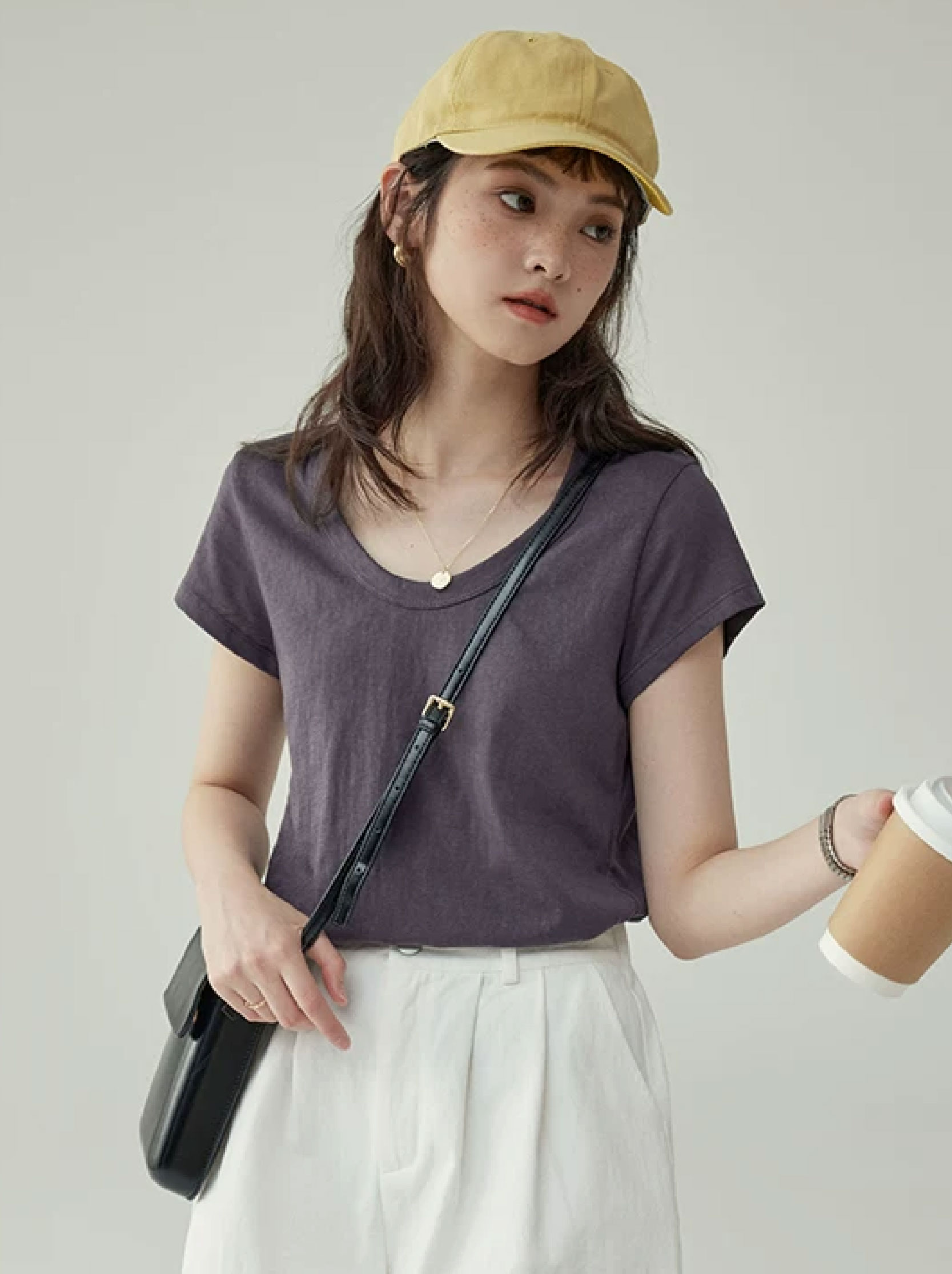 正肩短袖經典款U領T恤夏季寬鬆顯瘦百搭設計感上衣女