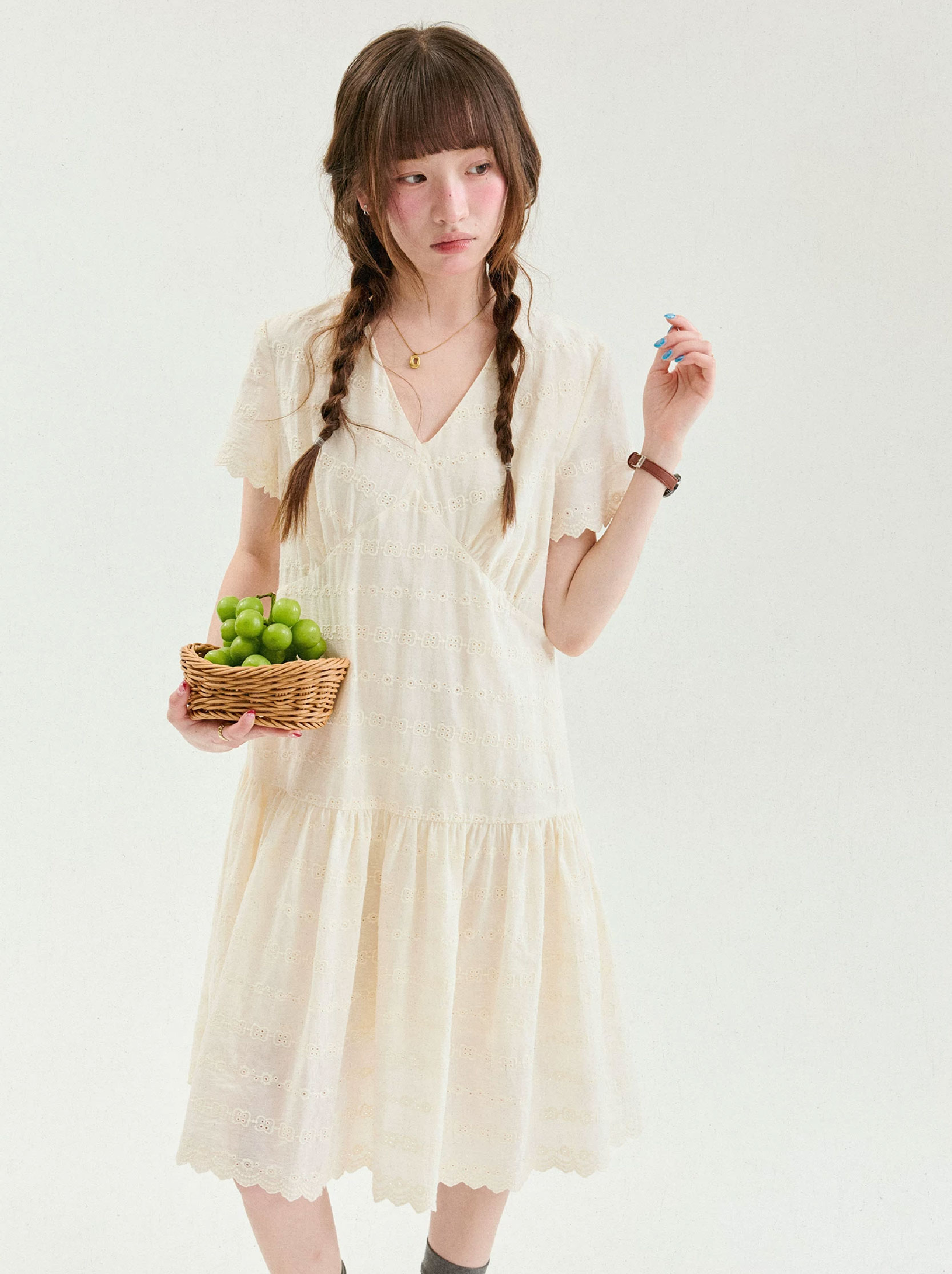 溫柔提花v領花邊洋裝女夏季新款純棉短袖短裙