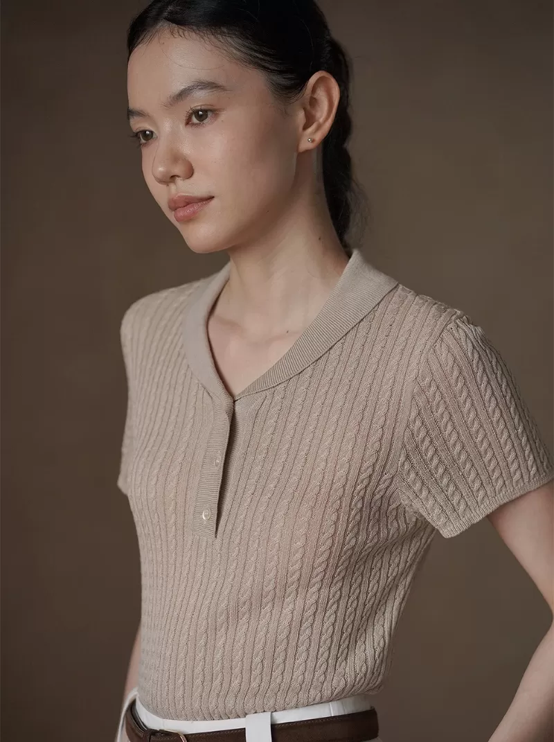中古感精緻老錢絞花針織萊賽爾亞麻薄款Polo領短袖上衣