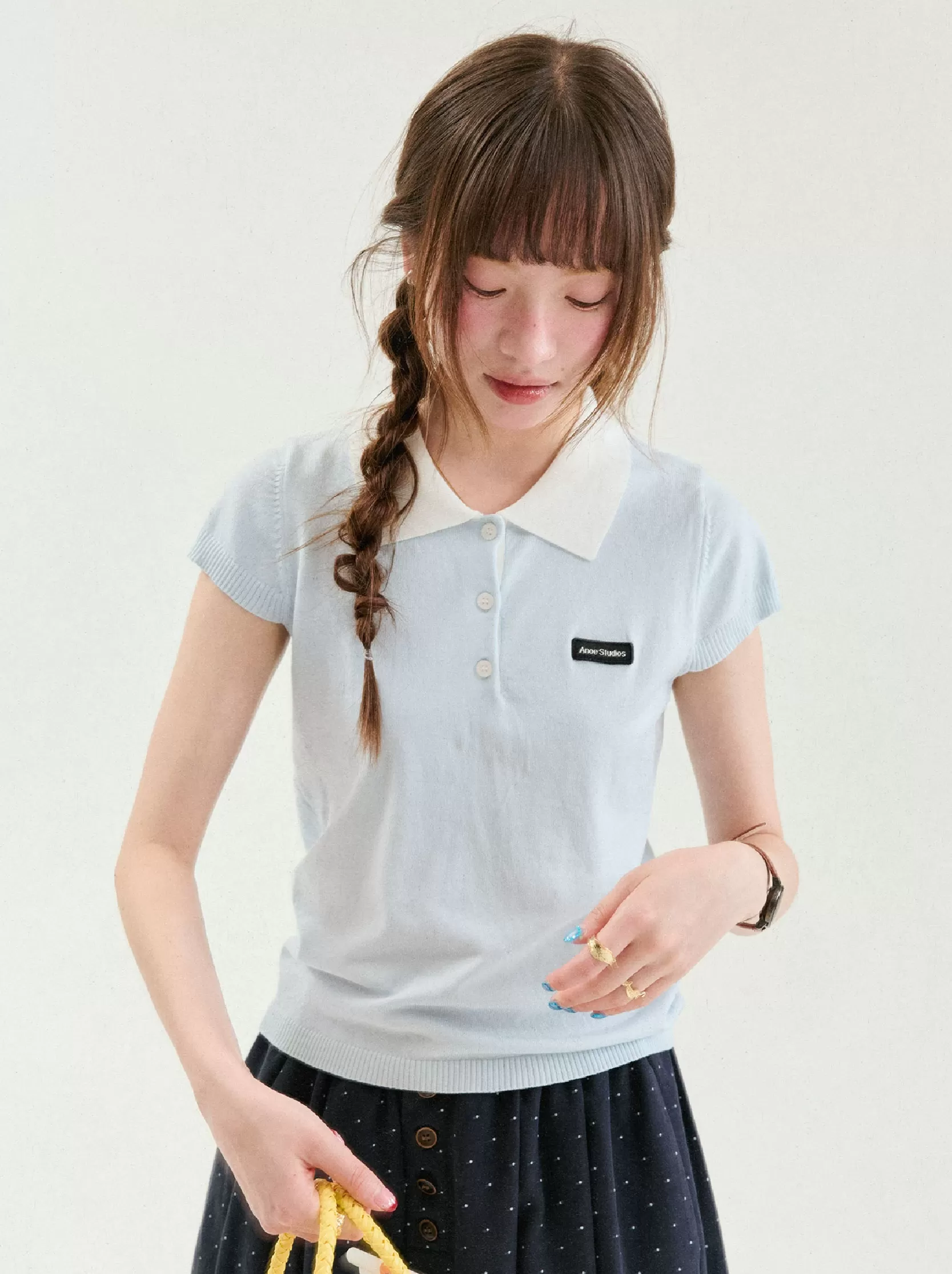 撞色翻領短版萊賽爾針織衫女夏季新款小蓋袖上衣