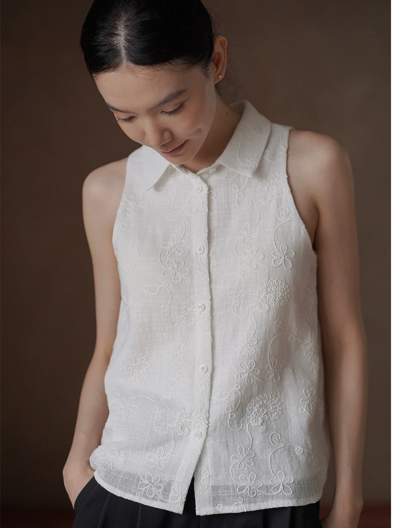 立體精緻藤蔓刺繡上衣高支100棉掛脖翻領無袖顯瘦襯衫女