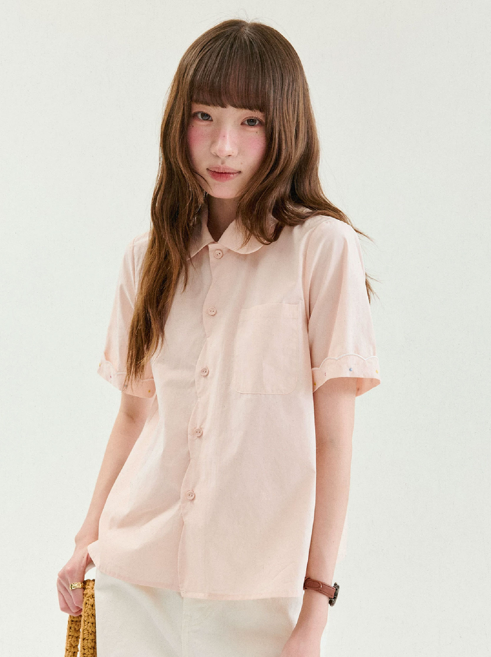 波浪邊單排扣純棉短袖襯衫女夏新款甜美粉紅色上衣