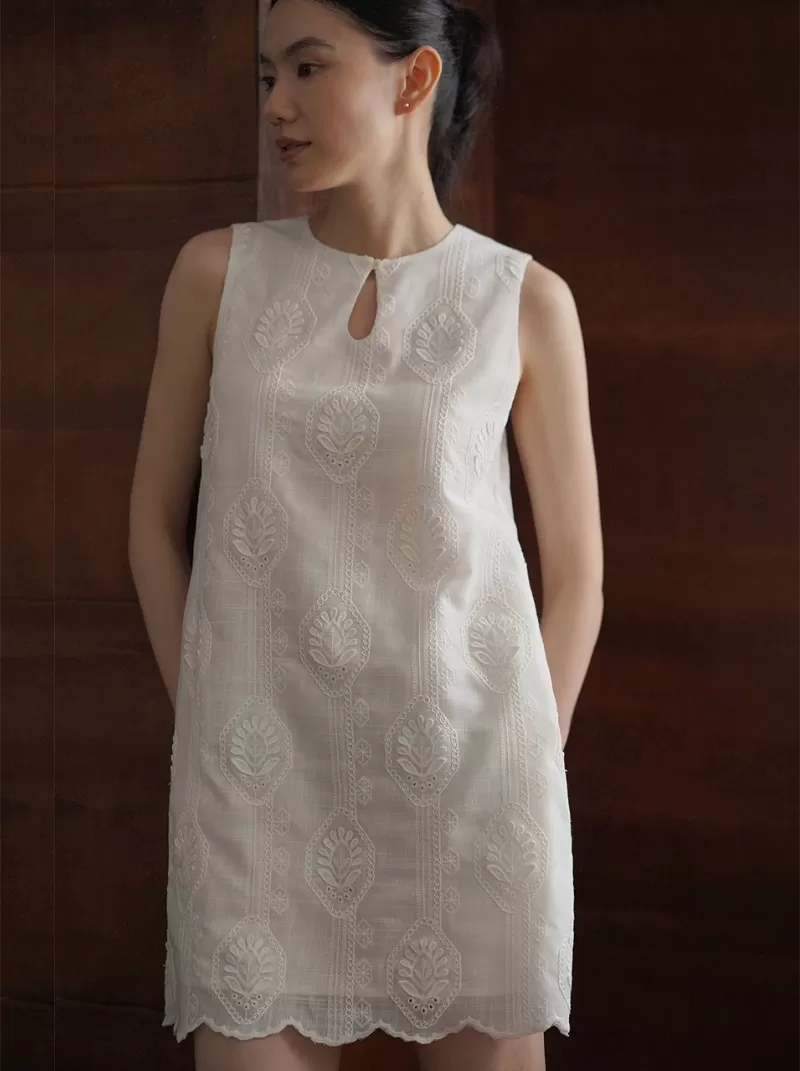 清新芭蕉葉立體刺繡無袖微A短水滴領氣質顯瘦洋裝女
