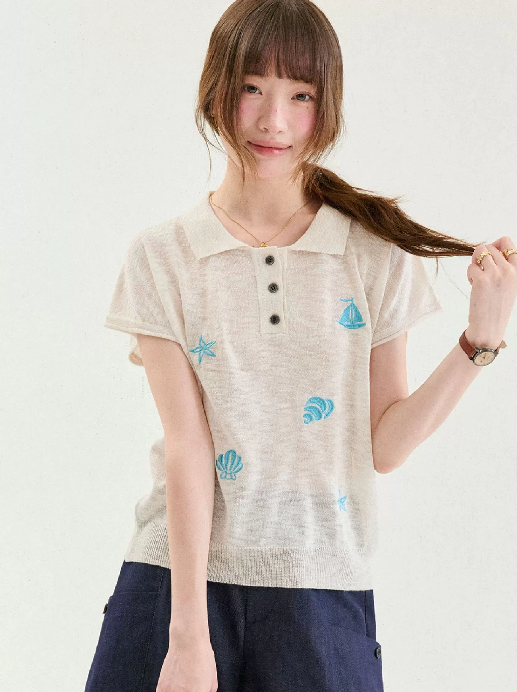 海洋貝殼繡花竹節針織衫女夏季新款翻領短袖上衣