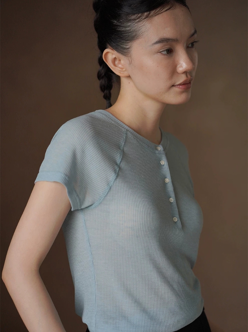 清爽夏日坑條肌理萊賽爾亞麻混紡插肩袖顯瘦圓領短袖T恤