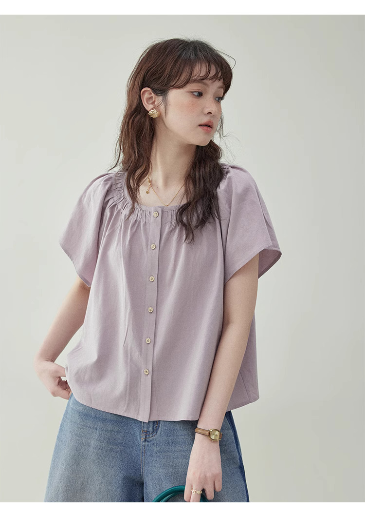 韓國純色單排扣壓褶襯衫女夏季新款圓領短袖上衣