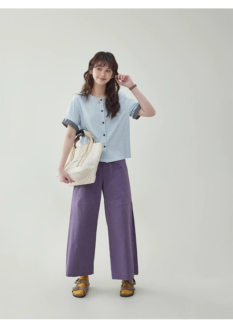 紫色鬆緊高腰寬腿休閒褲女夏季新款小眾寬鬆長褲