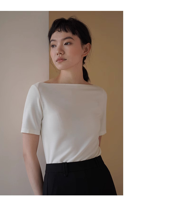 平衡通勤感舒適長期主義高智基礎款一字領T卹顯瘦上衣女