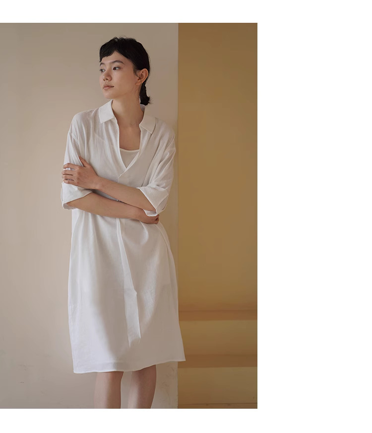 清晰竹節肌理柔光亞麻清涼寬鬆防透兩件式襯衫洋裝女