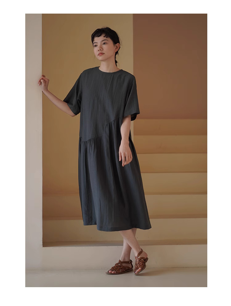青藤蔓少女感洋裝不對稱分割裙擺設計感寬鬆顯瘦裙子