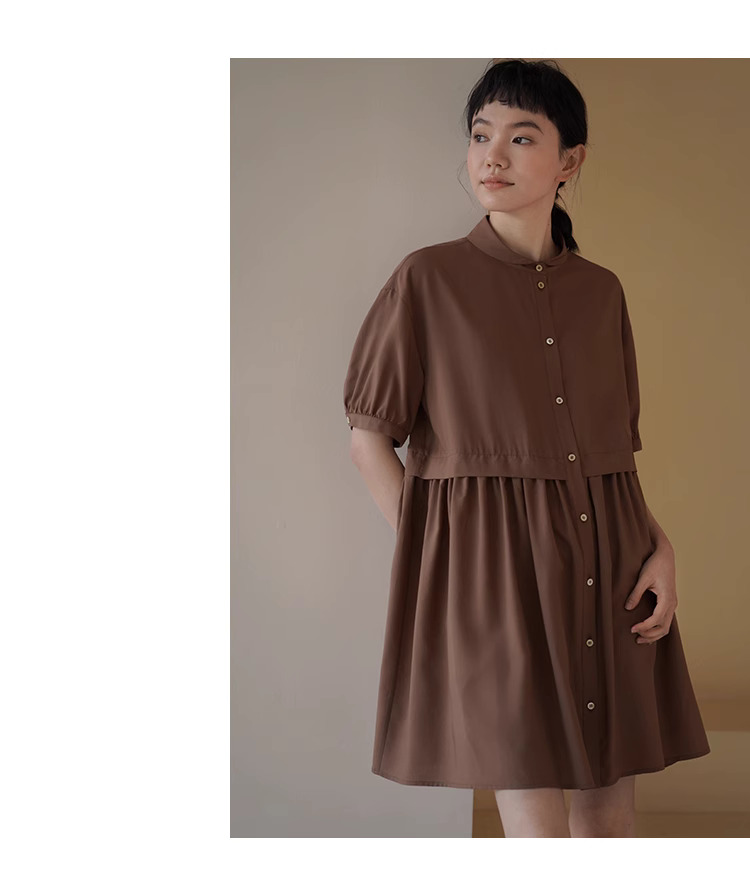 復古烤肉桂洋裝精緻小翻領寬鬆垂順顯瘦A字短裙女