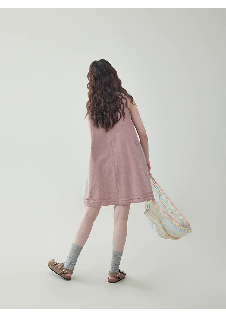 甜美粉紅無袖純棉洋裝女夏新款小個子背心短裙
