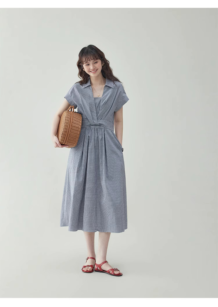 黑白格紋扭結短袖連身裙女夏季新款收腰a字中裙