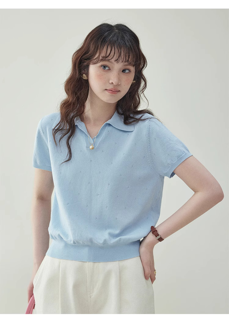 藍色翻v領短針織衫t卹女夏季新款提花短袖上衣
