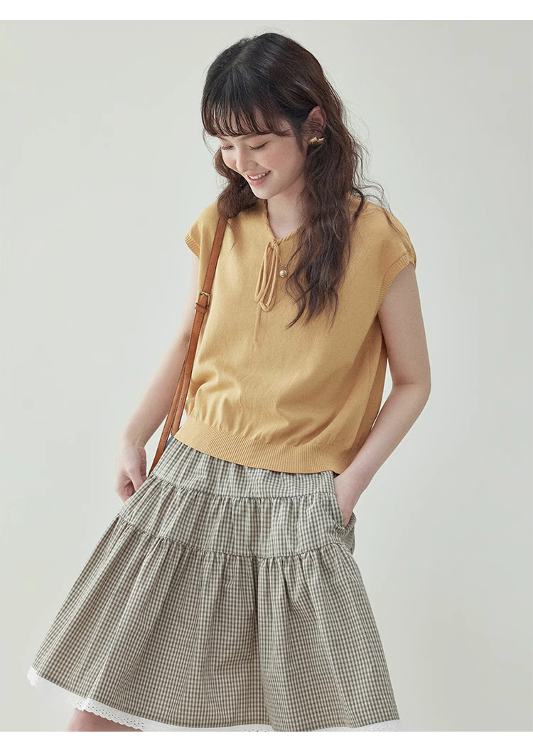 黃色綁帶v領無袖針織衫女夏季新款寬鬆短上衣