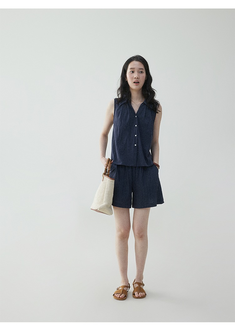 輕熟女法式翻V領無袖背心休閒套裝2件套