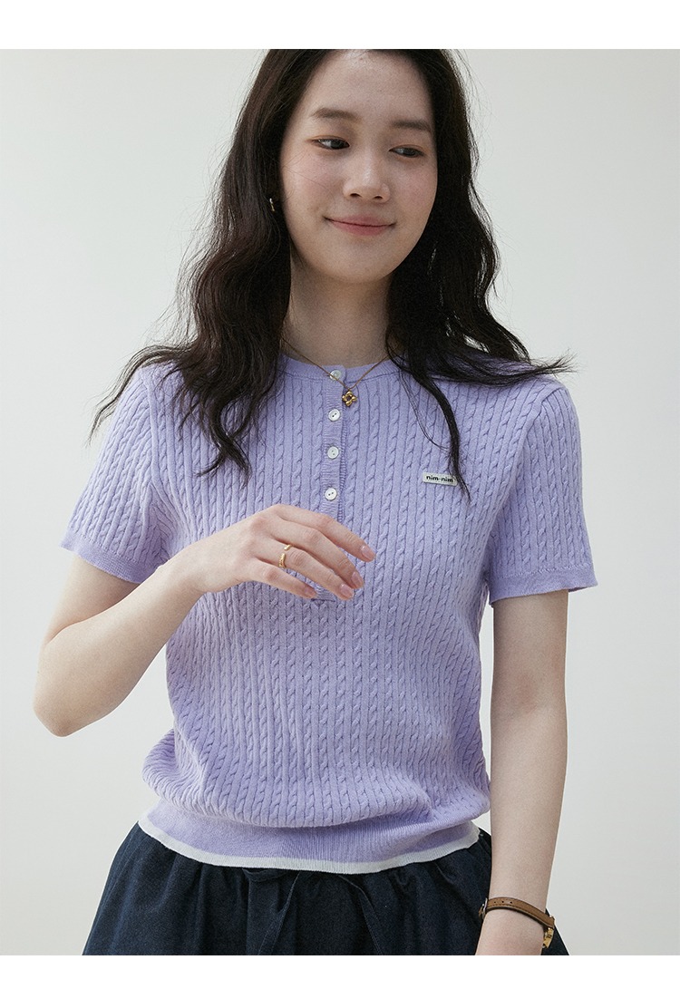 韓國扭花撞色邊圓領針織T卹女夏季半開扣減齡上衣