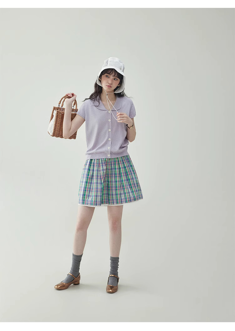 溫柔紫色娃娃v領針織衫女夏季新款短袖扣上衣