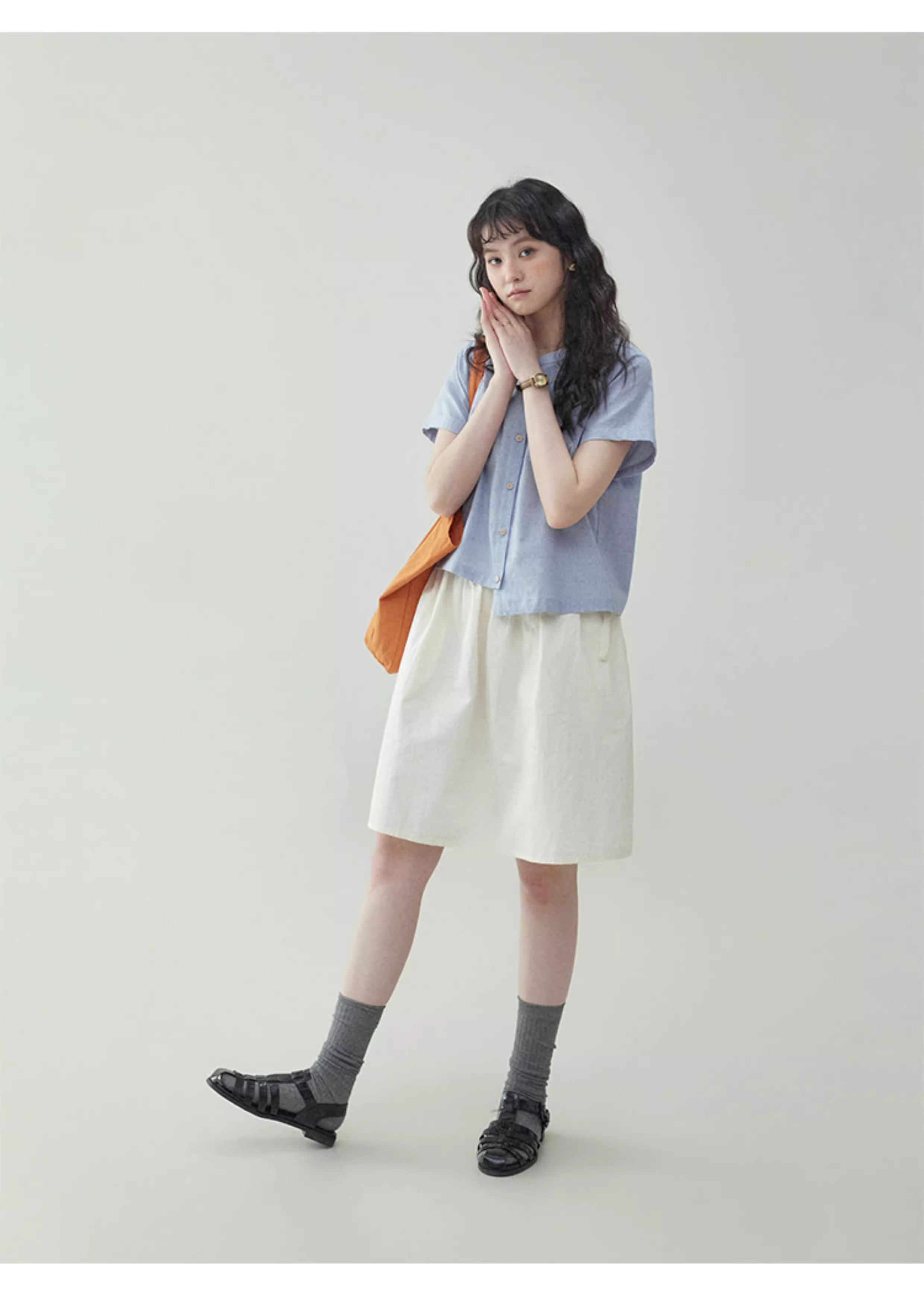 藍色不規則下擺純棉襯衫女夏季新款圓點短袖上衣